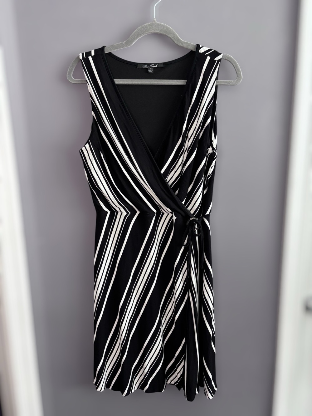 Anne French Black White Striped Faux Wrap Dress Large